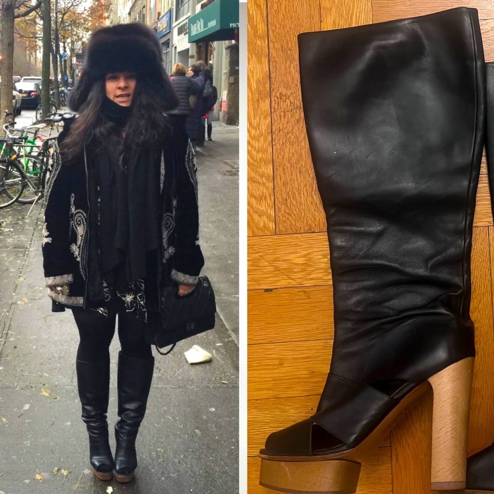 Marni black leather knee high, peep toe boots